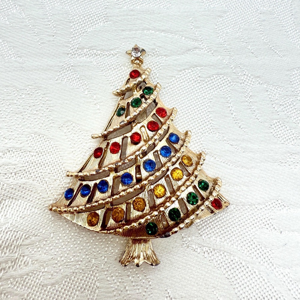 Vintage MCM Holiday Christmas Tree w/ Colorful Rhinestone Garland Brooch Pin